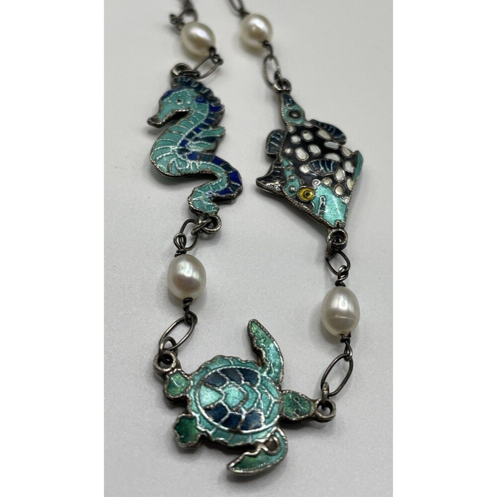VINTAGE CHINESE EXPORT 925 SILVER CLOISONNÉ PEARL ENAMEL Sea Life NECKLACE 14”